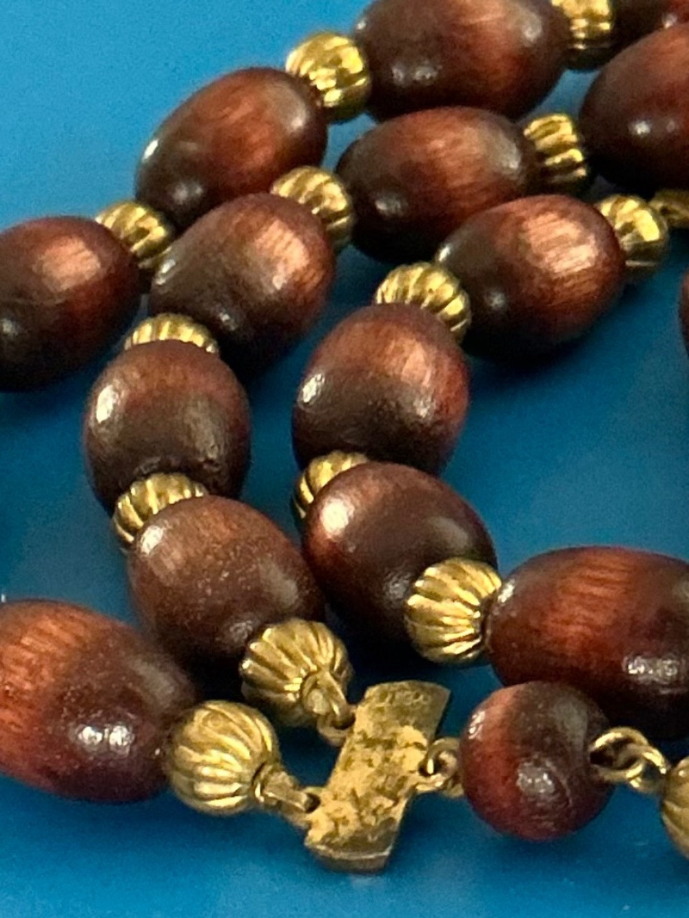 Vintage 1960s Double Strand Wood Bead Necklace Adjustable Statement Choker - Picture 10 of 15